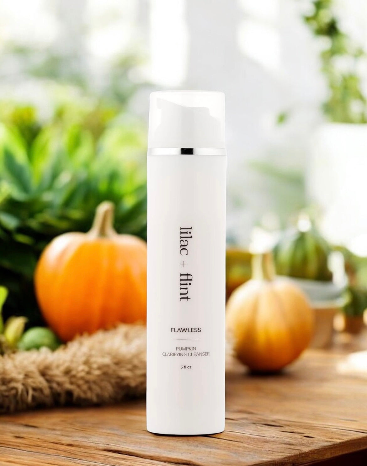 Flawless Cleanser by lilac + flint – a low-suds, gentle exfoliating cleanser with pumpkin seed oil, beta-carotene, and lactic acid. Ideal for fall skincare routines to balance oil, hydrate, and reveal smooth, glowing skin.