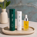 The lilac + flint Glow Trio Barrier Rescue featuring Silk Serum, Chaga Moisturizer and Glow Oil for dry, sensitive skin and barrier support.