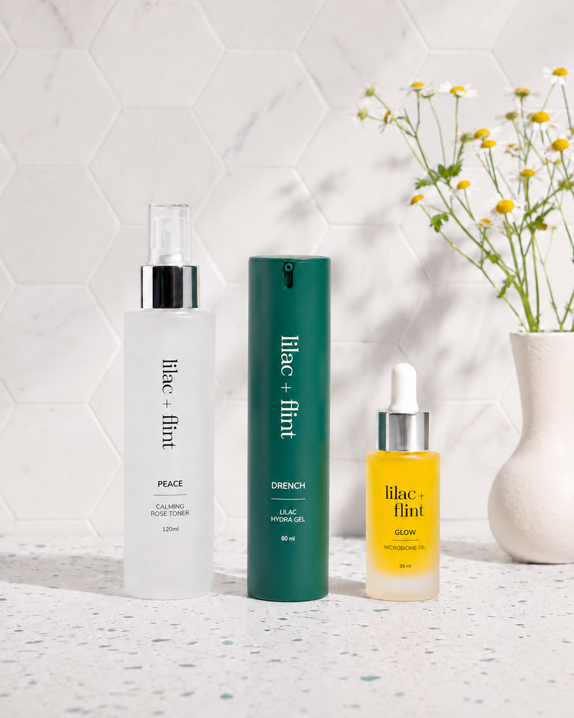 Peace Toner, Drench Gel and Glow Oil from the lilac + flint Glow Trio Hydra Boost skincare set for lightweight hydration.